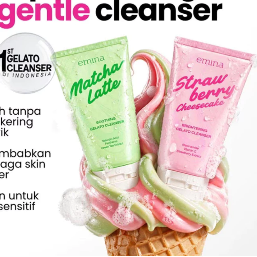 [ PAKET ISI 3 PCS ] EMINA Gelato Cleanser Strawberry + Moist Water Bright Glow + Sunscreen Water Uv Gel 25ML / Distributor Cream Ori - Gambar 3