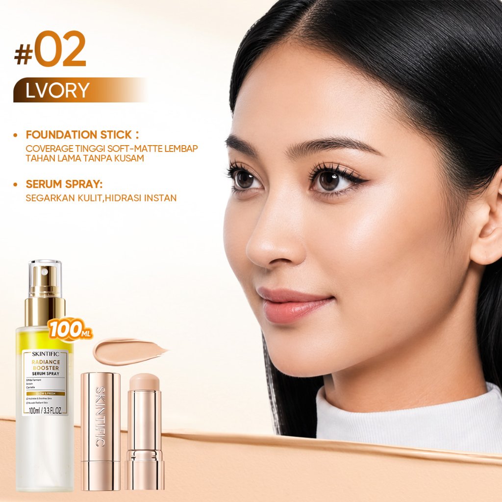 [NEW LAUNCH] SKINTIFIC - 2PCS Makeup Set /Cover Smooth Blurring Foundation Stick & Serum Spray Brightening Instant Glow Serum Spray Skin Tint Perfect Coverage Flawless BB CC Cream Tinted Foundation Blur Long-lasting Radiant - Gambar 2