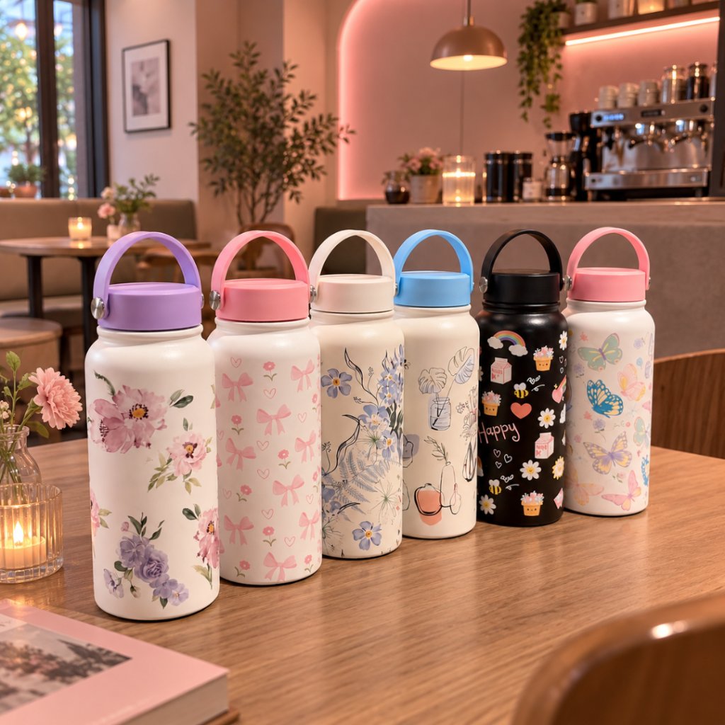 Genzaesthetic Bloomie Tumbler 1 Liter – Tumbler Aesthetic Motif Bunga & Kupu-Kupu, Stainless Steel Vacuum Insulated, Botol Minum Cantik, Tahan Panas & Dingin foto 2