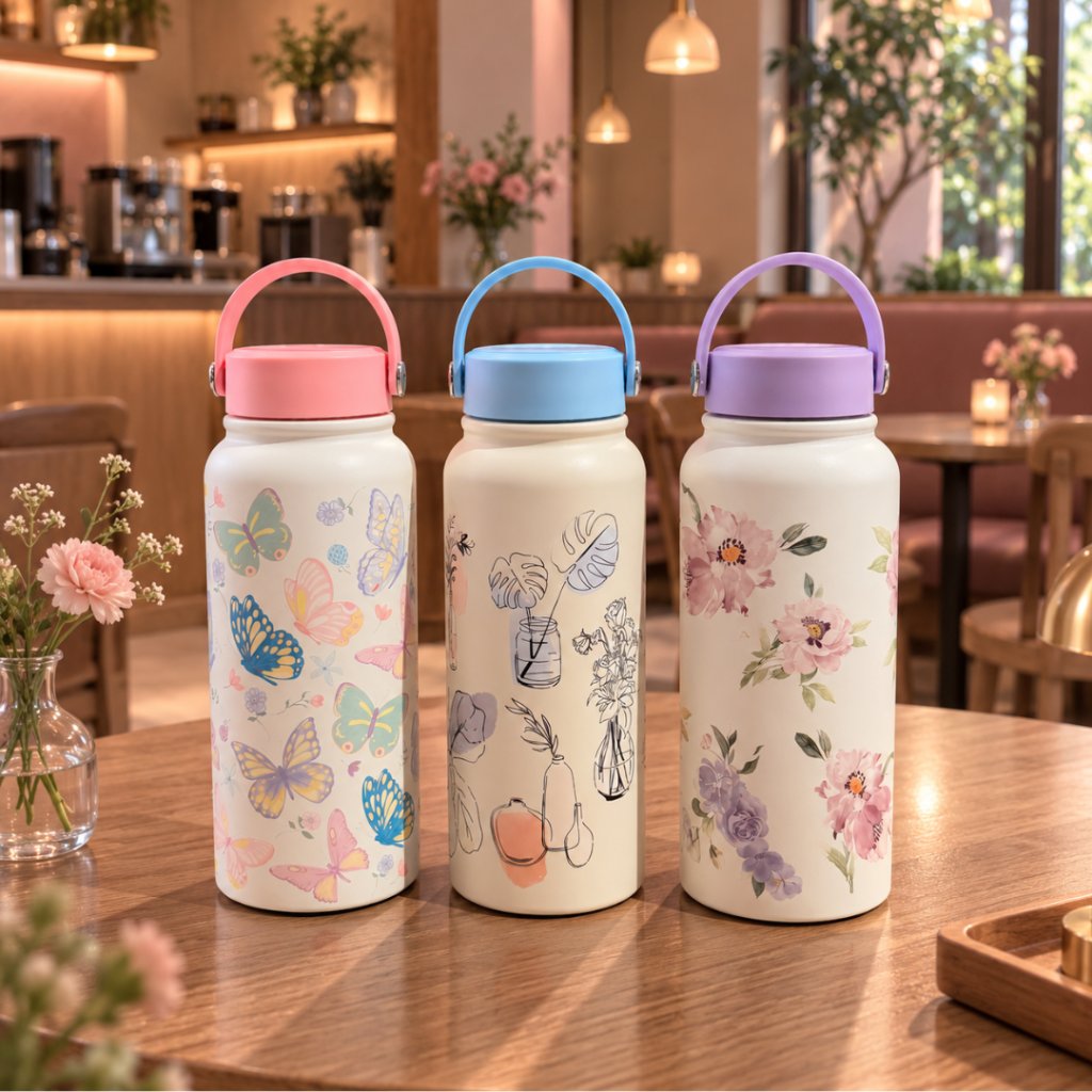 Genzaesthetic Bloomie Tumbler 1 Liter – Tumbler Aesthetic Motif Bunga & Kupu-Kupu, Stainless Steel Vacuum Insulated, Botol Minum Cantik, Tahan Panas & Dingin foto 3
