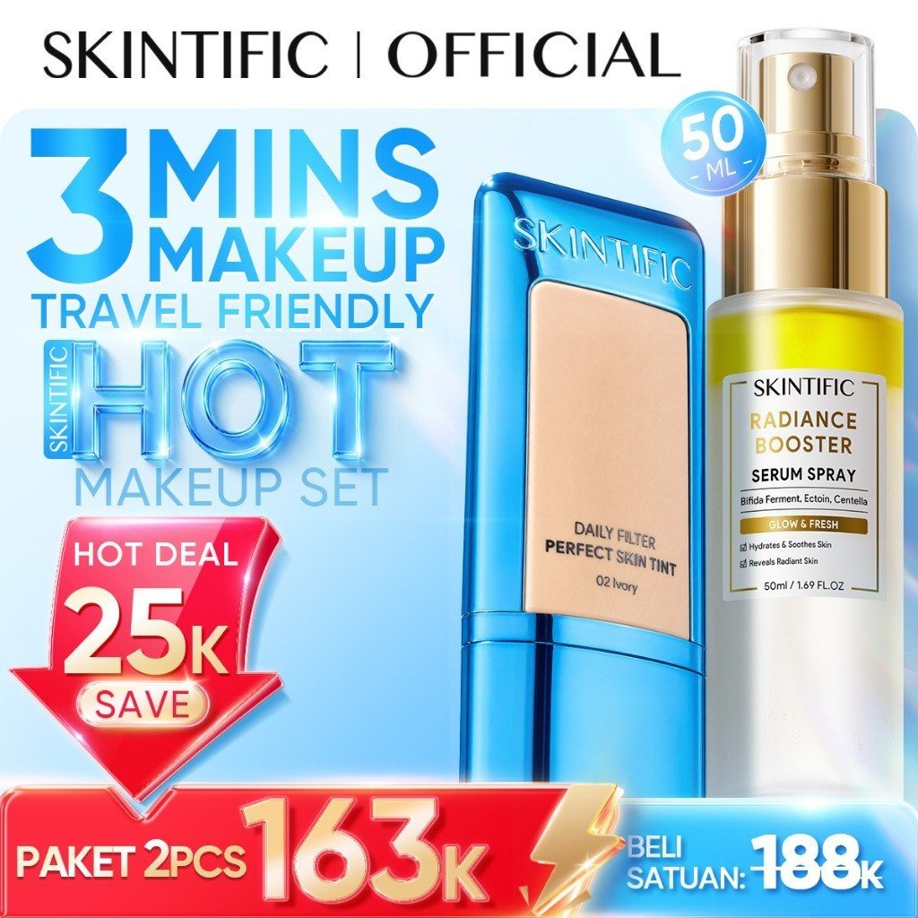 [BUNDLE PROMO] SKINTIFIC - 2IN1 Fast Make-up Set / Glowing Tone-up Natural Glow 2PCS Instant Glow Serum Spray & Blurring Skin Tint Perfect Coverage Flawless BB CC Cream Tinted Foundation Blur Long-lasting Radiant Setting Spray Skincare Bundle Travel Size