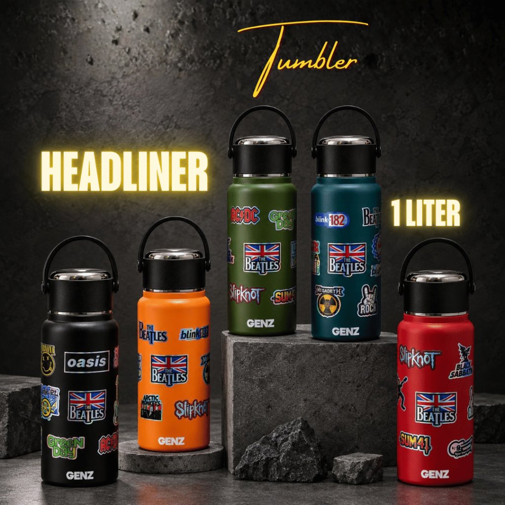 GENZ HeadLiner Tumbler Stainless Steel 1000ML/1LITER – Tumbler Minum Motif Band Hologram Handle Carry Double Wall Insulated foto 2