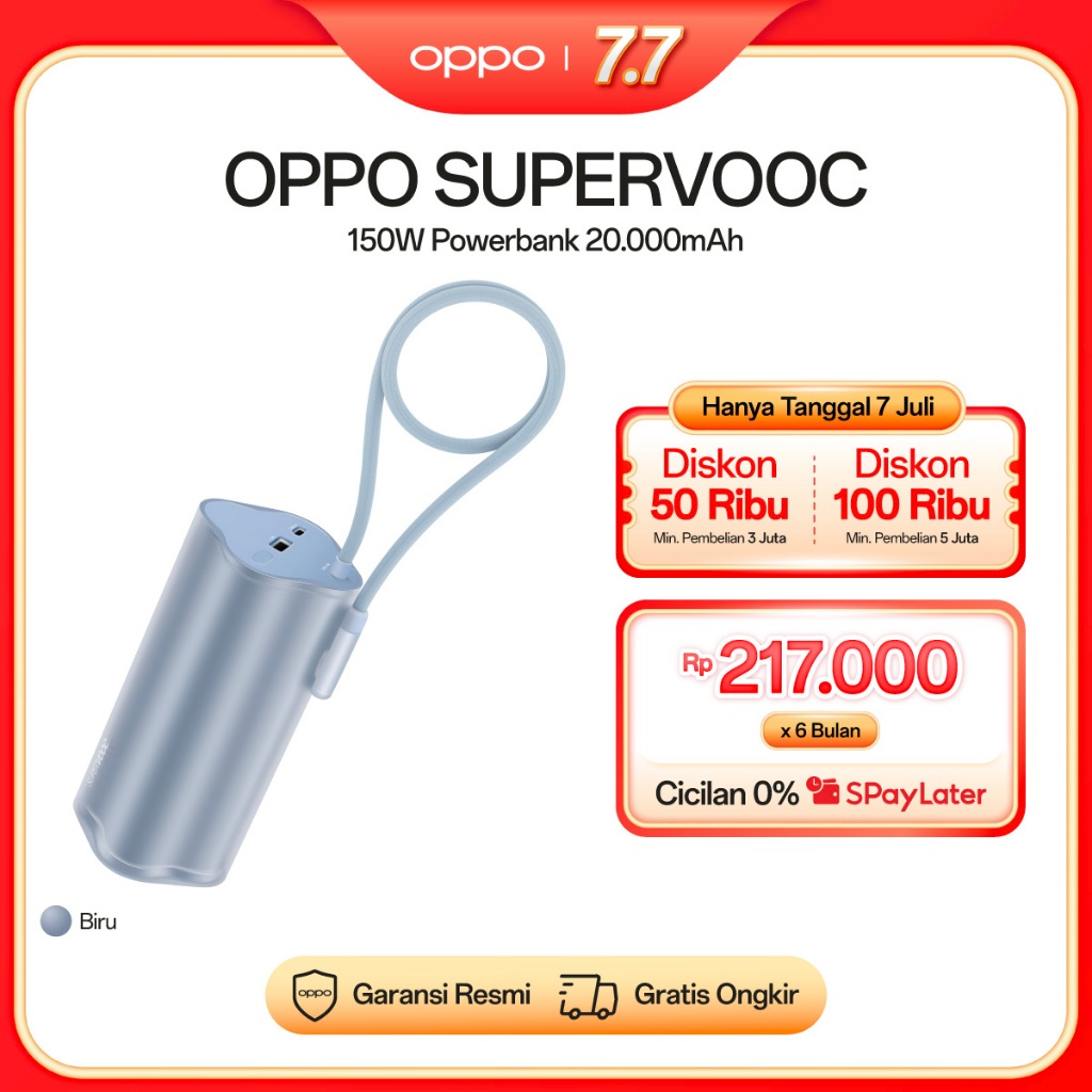 OPPO SUPERVOOC 150W Power Bank PBSV07 Light Blue [Up To 150W Output, 20.000mAh Huge Capacity Power, Compatible with Laptops, Tablets, and Earbuds]