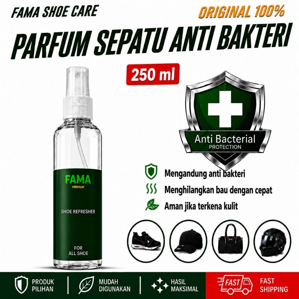 FAMA-Parfum Sepatu 250ml-Anti Bakteri-Pewangi Sepatu-Pengharum Sepatu -parfum helm-parfum topi-parfum tas-fama shoe cleaner-fama shoes cleaner-fama shoe care
