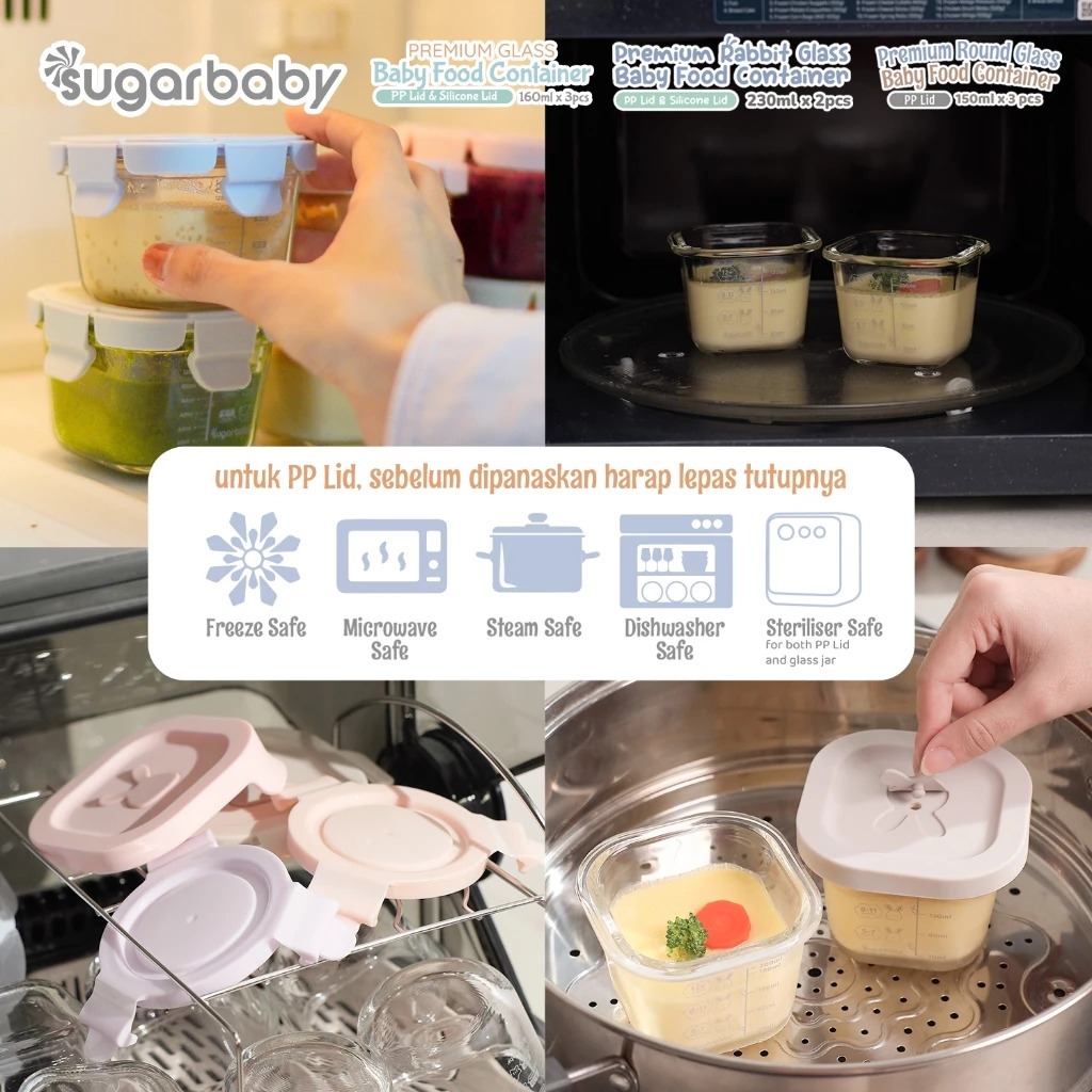 Sugarbaby Wadah Mangkok Bayi Premium - Rabbit Glass Food Container Silicone Lid - 2 pcs x 230 ml - Gambar 4
