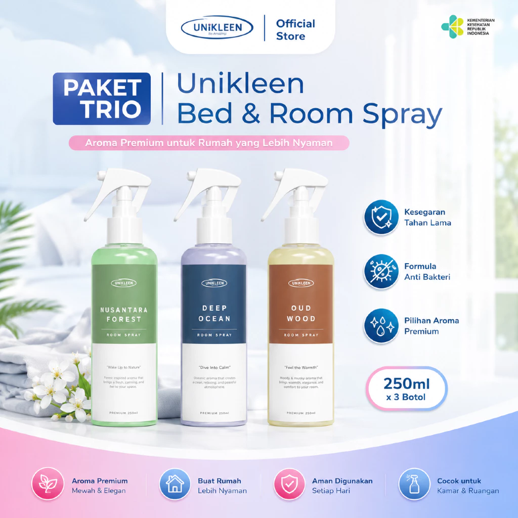 PAKET TRIO REKOMENDASI (isi 3) - 250ml LINEN SPRAY & ROOM REFRESHER ANTI BACTERIAL PENGHARUM RUANGAN SEPRAI KAMAR LEMARI BAJU PAKAIAN