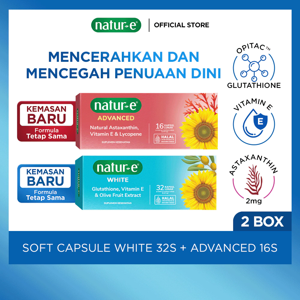 Natur-E Paket Soft Capsule - White 32s & Advanced 16s/32s - Suplemen Kecantikan Dengan Vitamin E, Glutathione dan Astaxanthin - Membantu Menjaga Kesehatan Kulit dari Dalam