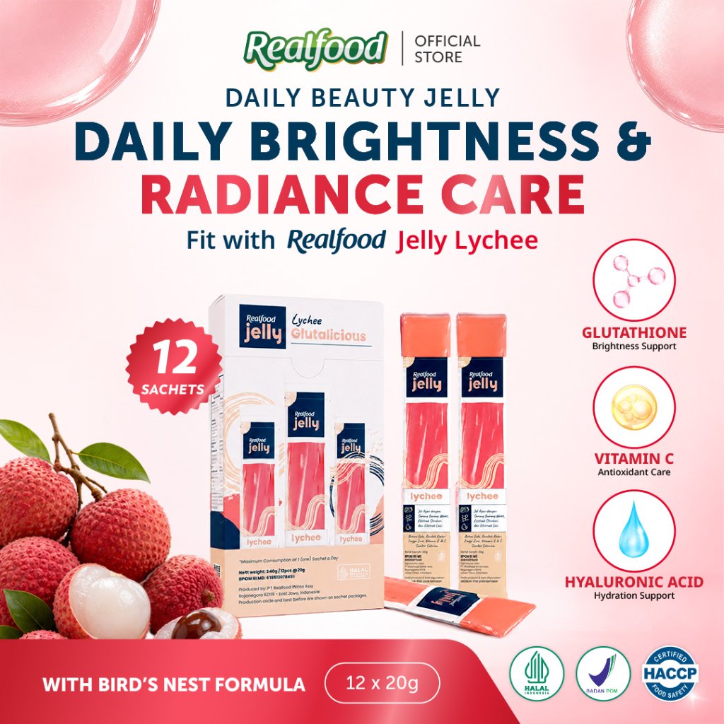Realfood Jelly Lychee Glutalicious / Jelly Brightening / Beauty Jelly / Glowing Skin / Kulit Cerah / Lychee / Glutathione / Hyaluronic Acid / Vitamin C / Vitamin E / Dark Spot / Noda Gelap / Kulit Kusam / Daily Beauty Snack