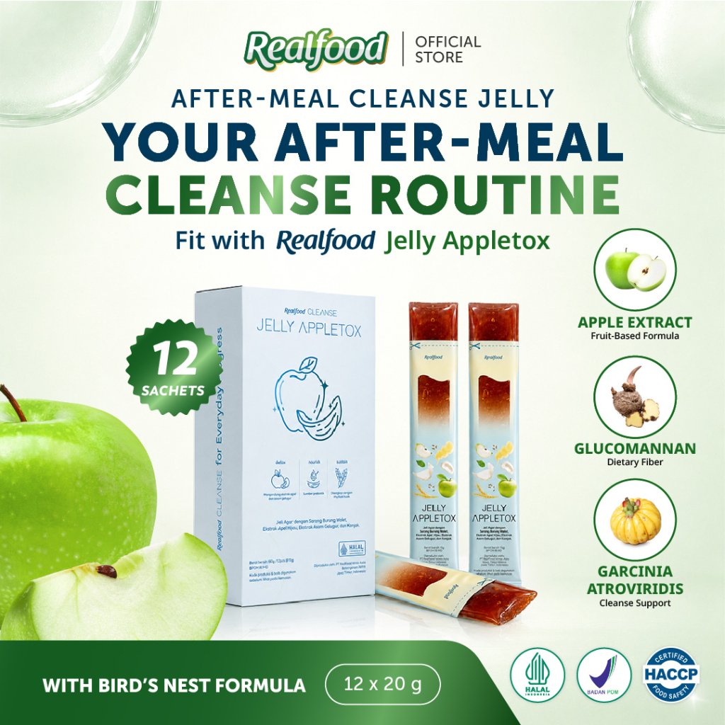 Realfood Cleanse Jelly Appletox / Jelly Diet / Weight Management / Diet Snack / Camilan Diet / Ekstrak Apel / Apple Extract / Glukomanan / Asam Gelugur / Garcinia atroviridis / Sarang Burung Walet / After Meal