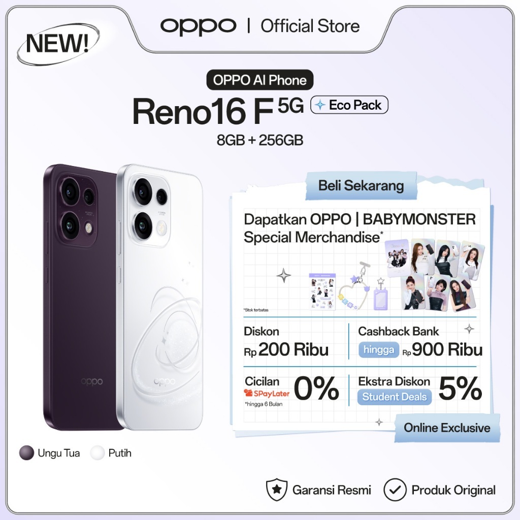 [BARU] OPPO Reno16 F 5G Eco Pack 8GB+256GB [3D Pop Planet Design, AI Remix Collage, 50MP Ultra-wide Selfie Camera] - Gambar 2
