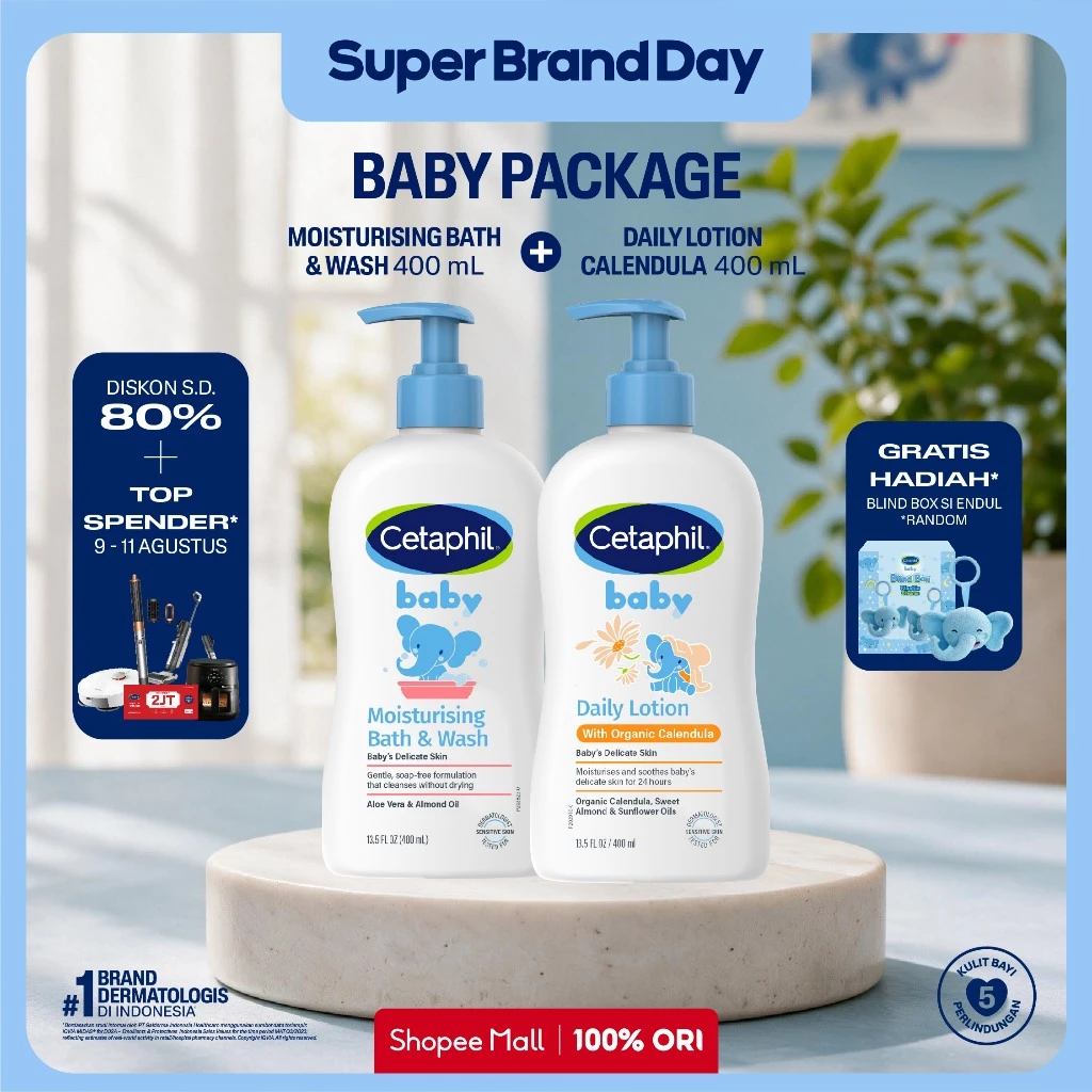 [LIVE ENDUL] Cetaphil Baby Moist Bath & Wash 400ml + Daily Lotion with Organic Calendula Lotion 400ml