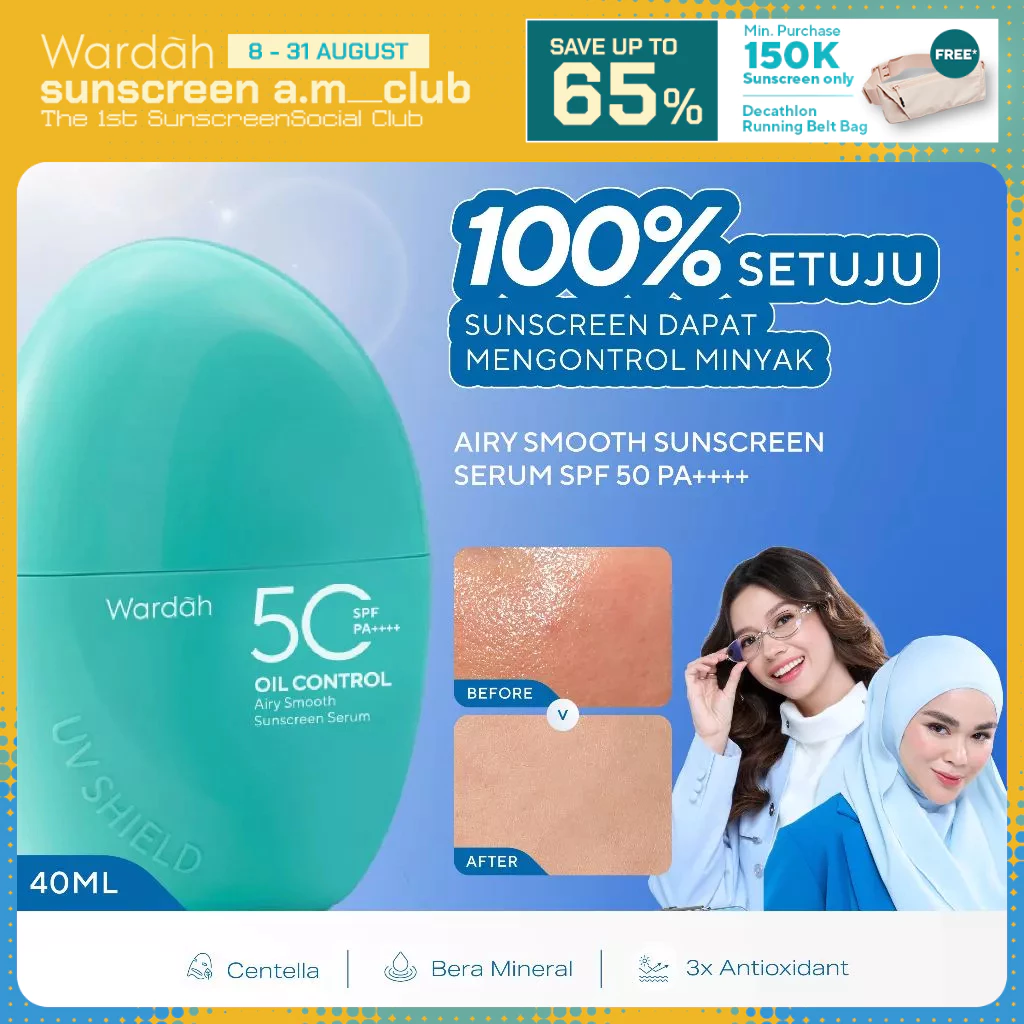 Wardah Sunscreen UV Shield Airy Smooth Sunscreen Serum SPF 50 PA++++ Centella + Bera Mineral + Raykami 40ml - Matte Seharian, Bebas Kusam, Atasi Kulit Berminyak - Sunscreen No. 1 Sunscreen of the Year - Skincare