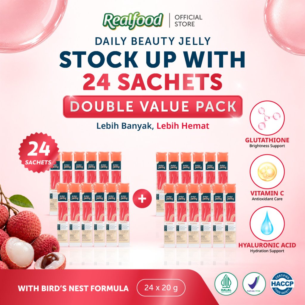 BUY 12 GET 12 Realfood Jelly Lychee Glutalicious / Jelly Brightening / Beauty Jelly / Glowing Skin / Kulit Cerah / Lychee / Glutathione / Hyaluronic Acid / Vitamin C / Vitamin E / Dark Spot / Noda Gelap / Kulit Kusam / Daily Beauty Snack