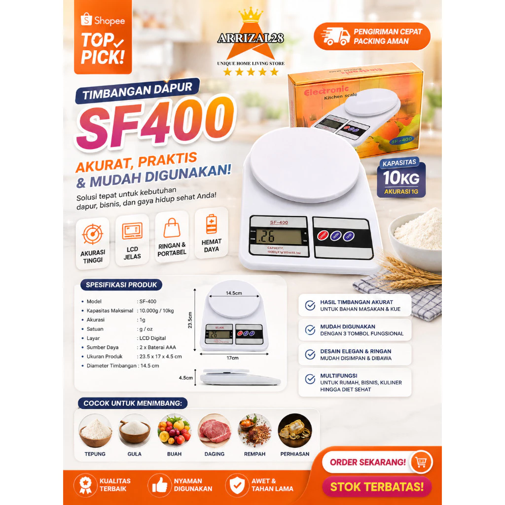 ELECTRONIC KITCHEN SCALE TIMBANGAN DAPUR DIGITAL SF400 KAPASITAS 10 KG DUS KUNING
