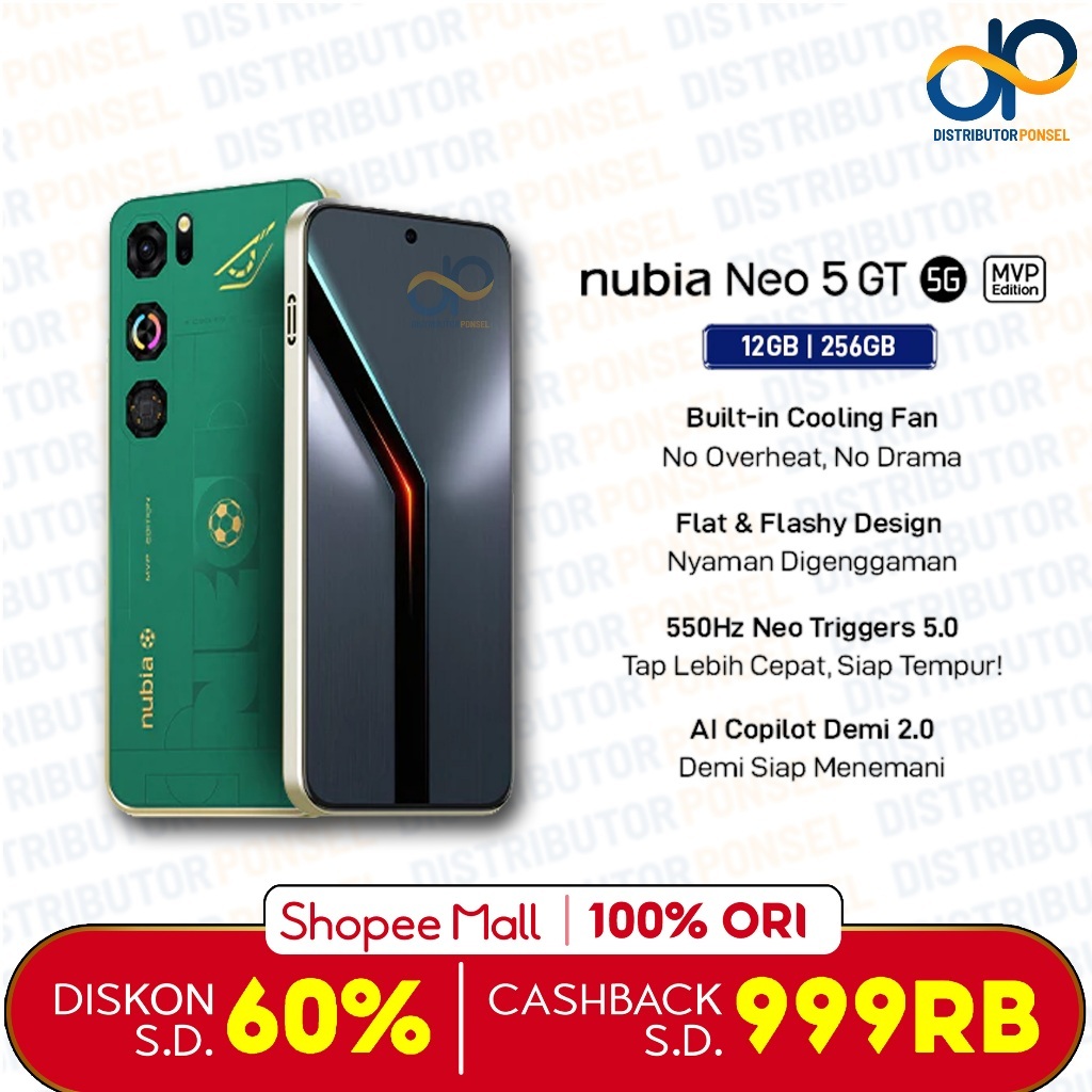 nubia NEO 5 GT MVP Edition RAM 12GB ROM 256 GB Built in Air Cooling Fan 80W Fast Charging 550Hz Neo Triggers Handphone Gaming Garansi Resmi Android