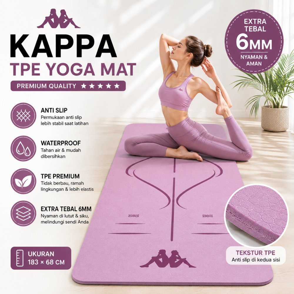 KAPPA Yoga Mat TPE Matras Olahraga Matras Yoga Anti Slip Karpet Olahraga Tebal 6mm - Gambar 4