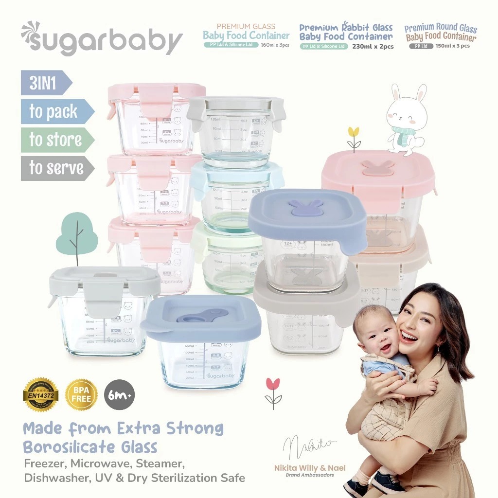 Sugarbaby Premium Glass Jar Baby Food Container BPA FREE - Wadah MPASI Bayi - Wadah Mangkok Bayi Silicone Lid 3 pcs x 150ml - Gambar 2