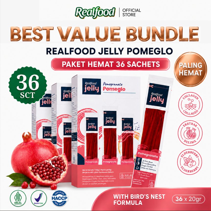 BEST VALUE BUNDLE 36 Sct Realfood Jelly Pomeglo / Jelly Glowing Skin / Beauty Jelly / Pomegranate / Collagen / Retinol / Kulit Cerah / Glowing Skin / Firming Skin / Elastisitas Kulit / Kulit Kencang / Antioksidan / UV Care / Daily Beauty Snack - Gambar 2