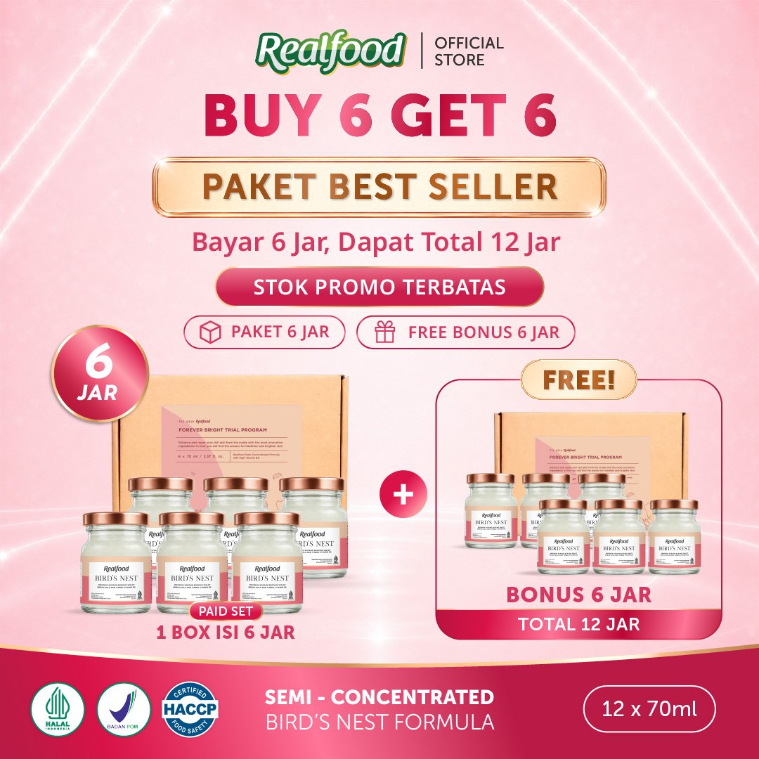 BUY 6 GET 6, Realfood Forever Bright / Minuman Sarang Burung Walet / Brightening Drink / Glutathione / Niacinamide / Kulit Cerah / Glowing Skin / Bantu Samarkan Kulit Kusam / Dark Spot / Daily Beauty Drink / Wellness Drink