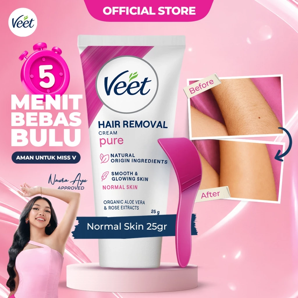 Veet Normal Hair Remover Pure Cream - 25gr (Krim Penghilang Bulu Dalam 5 Menit, Untuk Hasil Kulit Glowing Tahan Lama & Tidak Sakit)