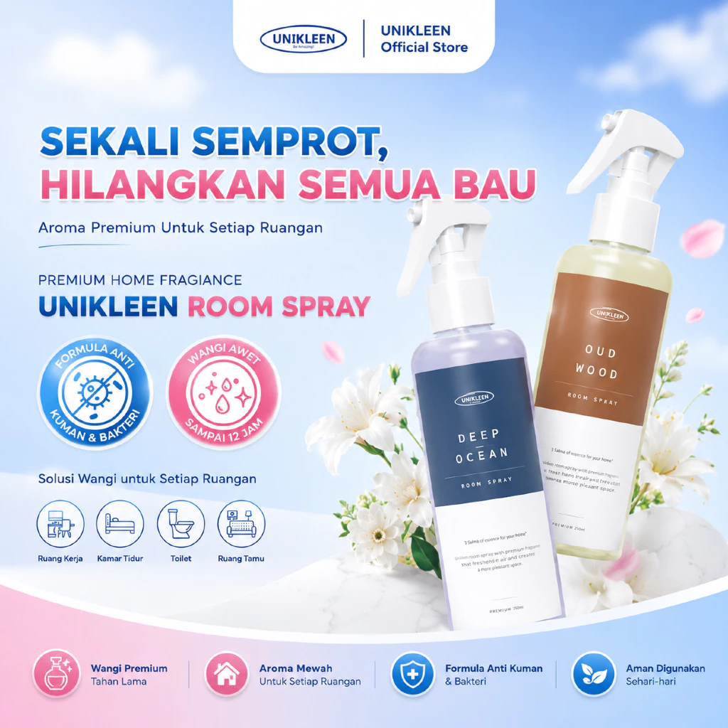Unikleen Bed & Room Spray - Pengharum Ruangan Anti Bakteri, pewangi ruangan Sofa & Kasur, Linen Spray Wangi Tahan Lama