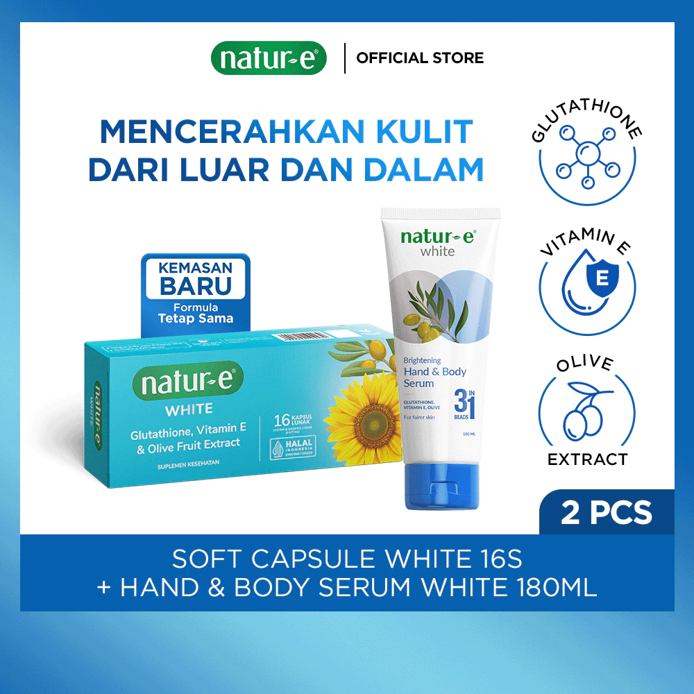 Natur-E Paket Inside-and-Out - White Soft Capsule 16s + Hand & Body Serum 180ml - Skincare & Suplemen Kecantikan Dengan Vitamin E & Glutathione - Membantu Menjaga Kesehatan Kulit dari Dalam