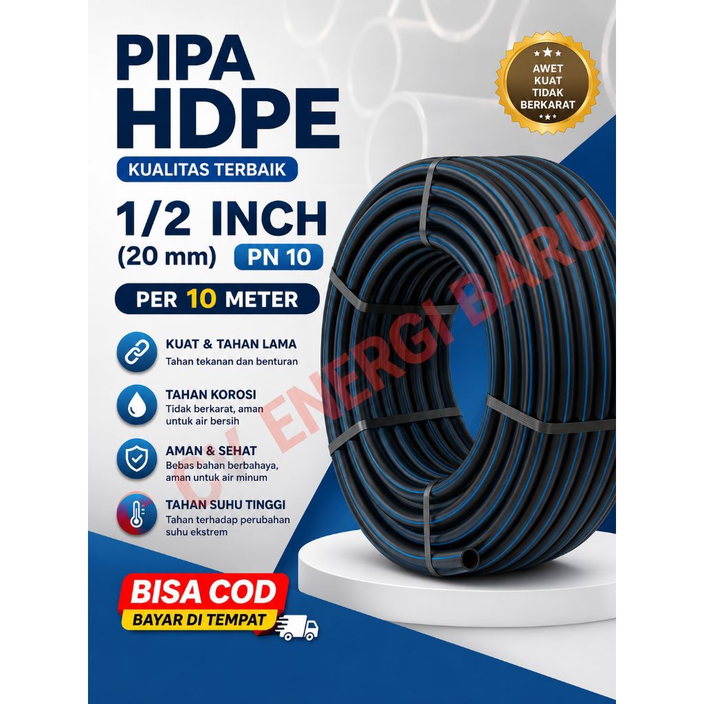 Pipa Air HDPE 1/2 Inch (20 mm) PN 10 Pipa Air Bersih Standar SNI Kualitas Bagus - Per 10 meter