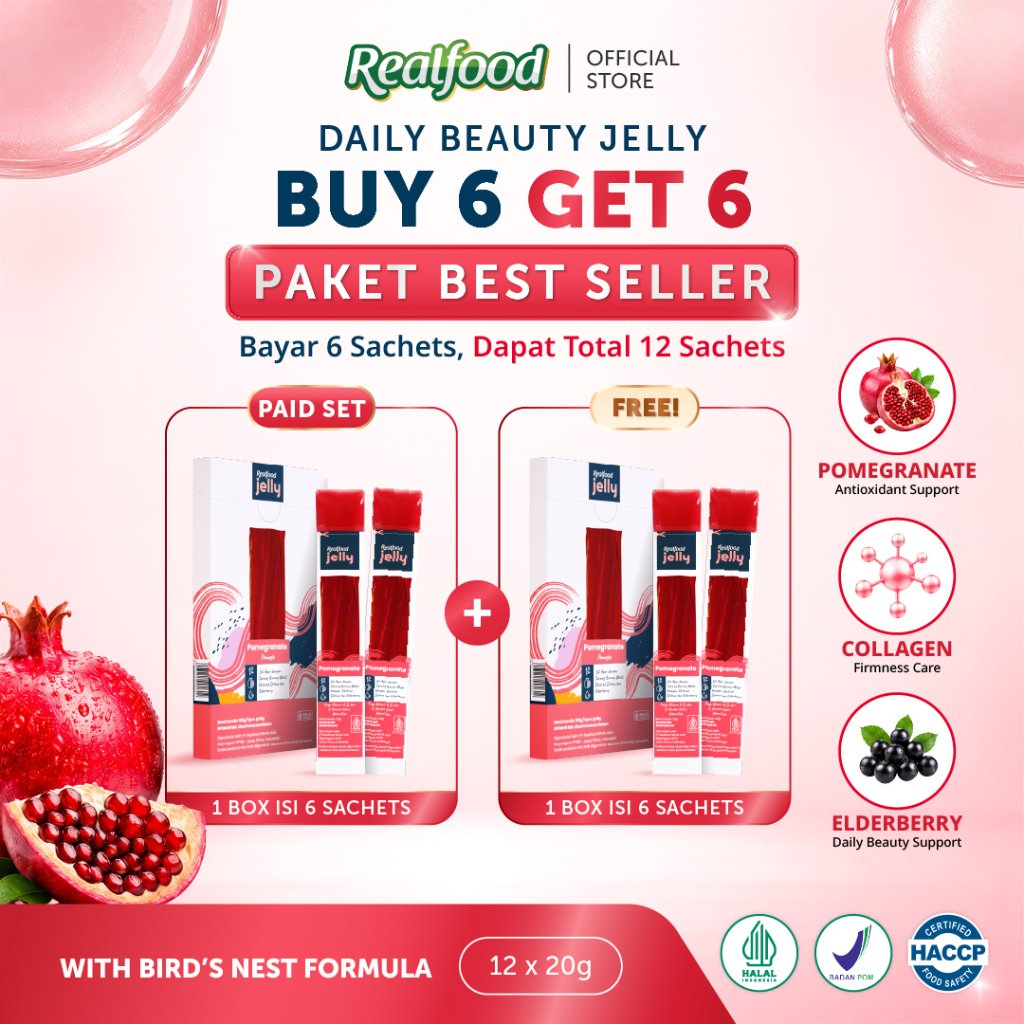 BUY 6 GET 6 Realfood Jelly Pomeglo / Jelly Glowing Skin / Beauty Jelly / Pomegranate / Collagen / Retinol / Kulit Cerah / Glowing Skin / Firming Skin / Elastisitas Kulit / Kulit Kencang / Antioksidan / UV Care / Daily Beauty Snack