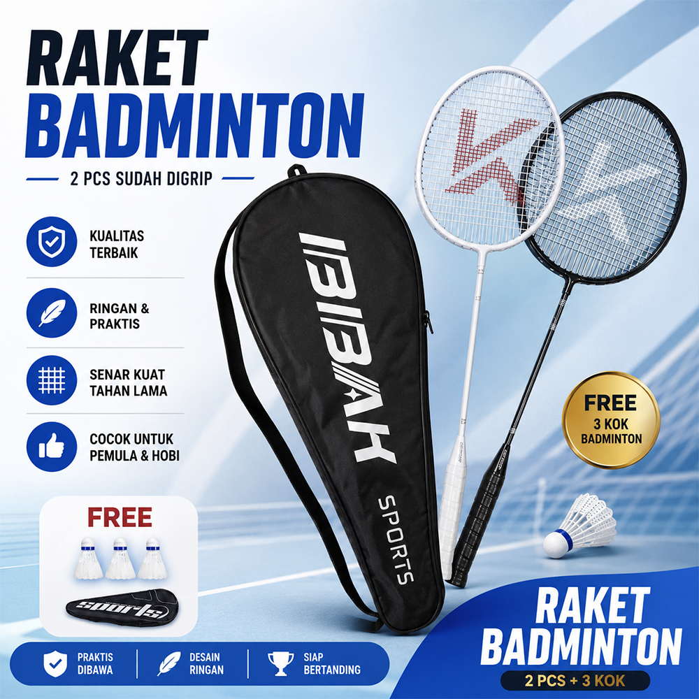 Raket Badminton Paket Lengkap Model Carbon Terlaris - 2 Raket, 2 Grip, 1 Tas, 12 Kok