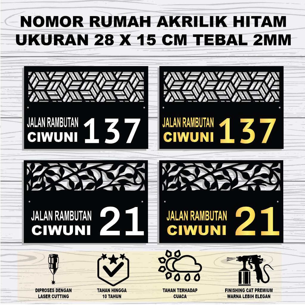 NOMOR RUMAH AKRILIK HITAM GLOSSY GOLD PUTIH 28 CM X 15 CM KETEBALAN 2MM PREMIUM ESTETIK