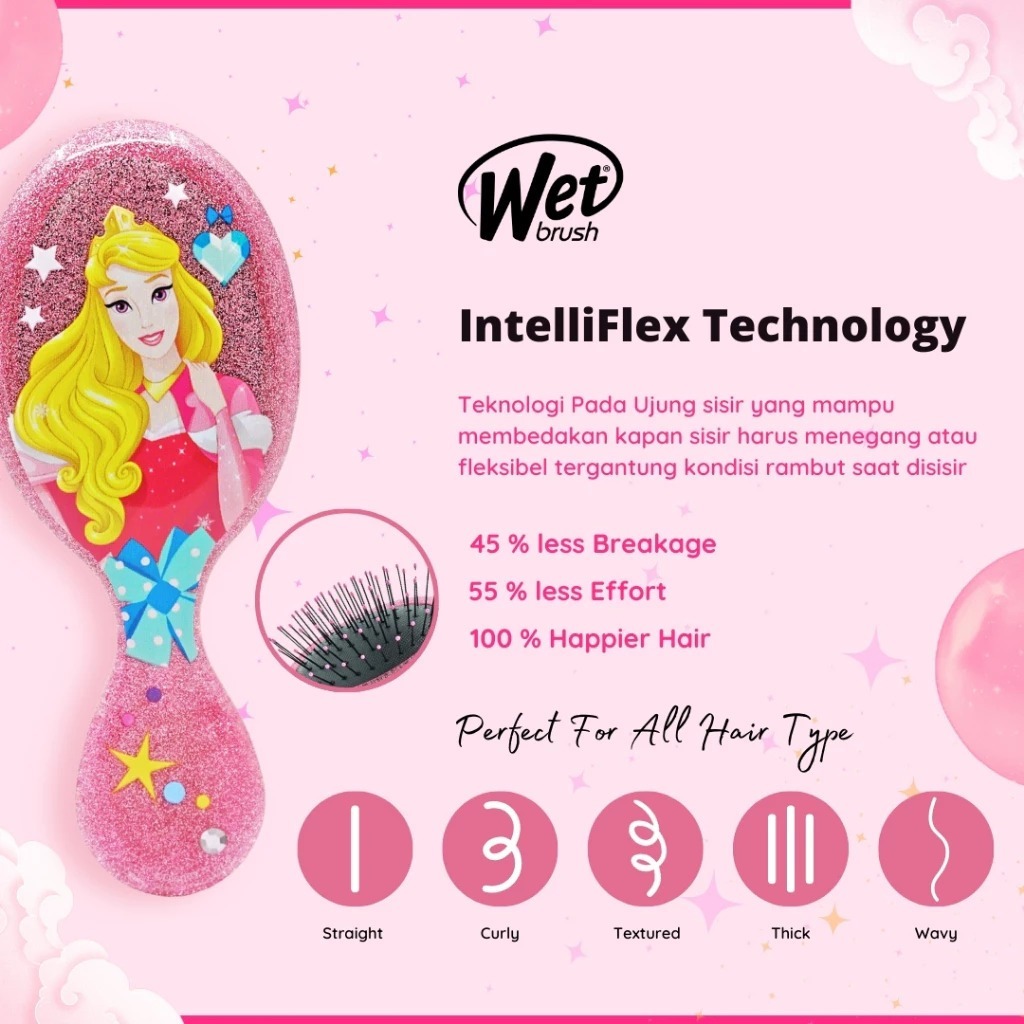 Wet Brush Mini Detangler Sisir Anti Kusut Disney Glitter Ball - Gambar 3