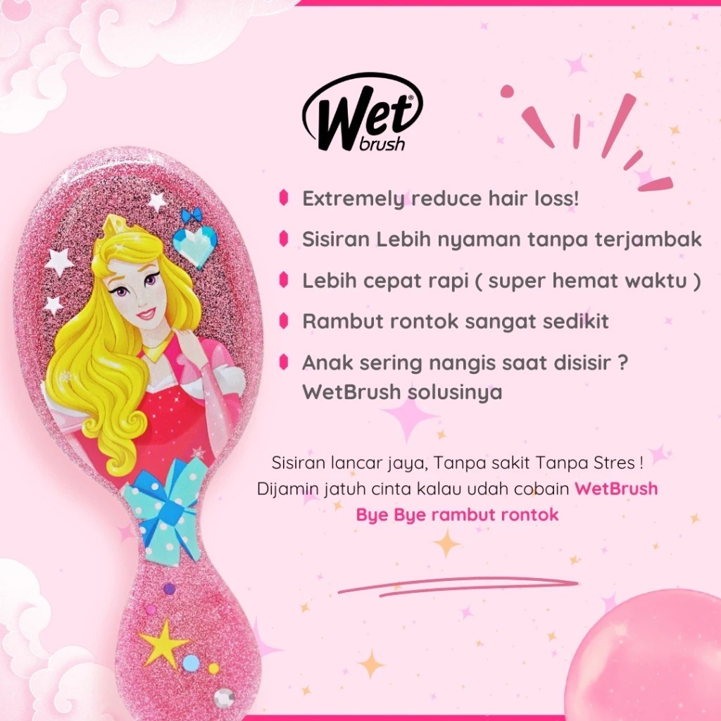 Wet Brush Mini Detangler Sisir Anti Kusut Disney Glitter Ball - Gambar 4