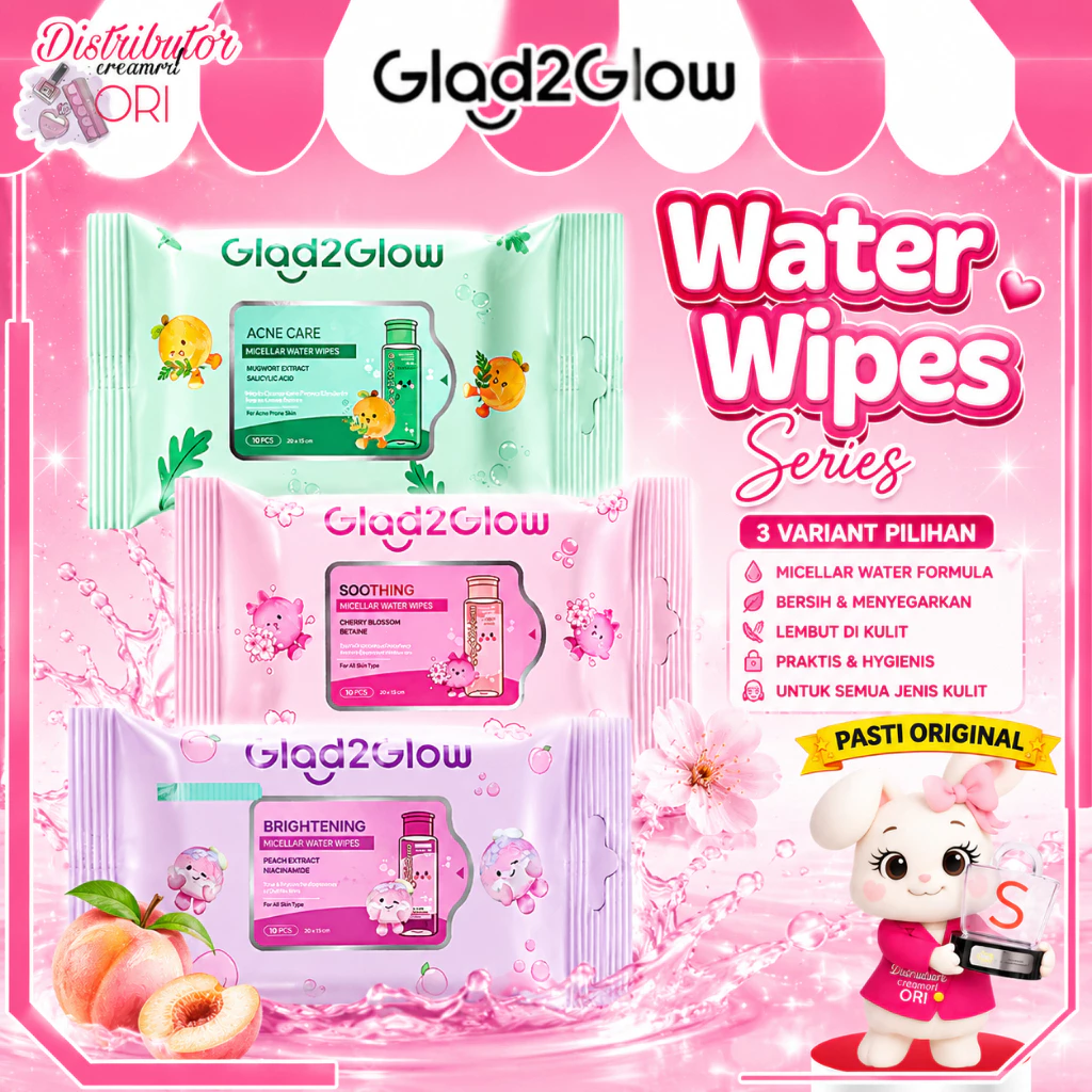 GLAD2GLOW Water Wipes Micellar Water Hapus Makeup Waterproof 10S / Distributor Cream Ori