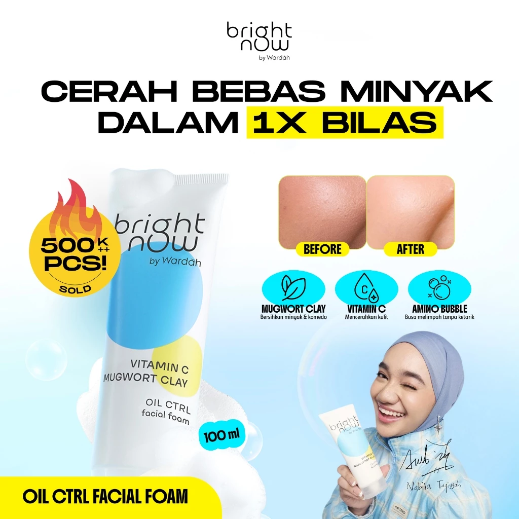 bright now by Wardah Vitamin C Mugwort Clay Oil Ctrl Facial Foam - Sabun Cuci Muka, Kurangi Kulit Kusam, Berminyak, Mengontrol Minyak Berlebih, Mencerahkan, Membersihkan Pori, Antioksidan, Komedo, Pori Besar, Instant Fresh, Normal to Oily Skin - Skincare