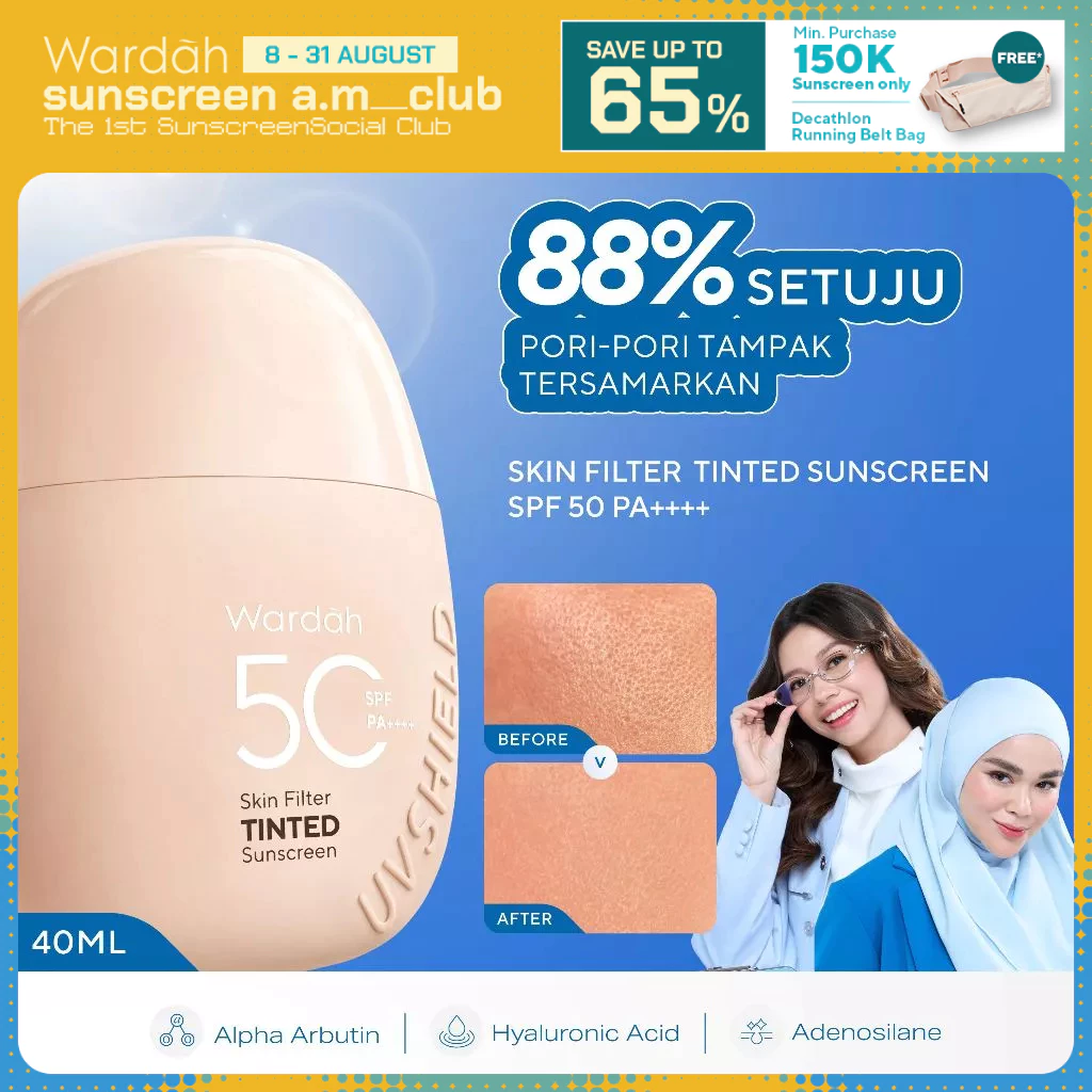 NEW! Wardah Tinted Sunscreen Skin Filter SPF 50 PA 30ml UV Shield - Strong UV Blue Light Protection Sheer Glow Finish Tidak Greasy Formula Ringan Shades 01 Light to Medium Shades 02 Medium to Dark - Skincare