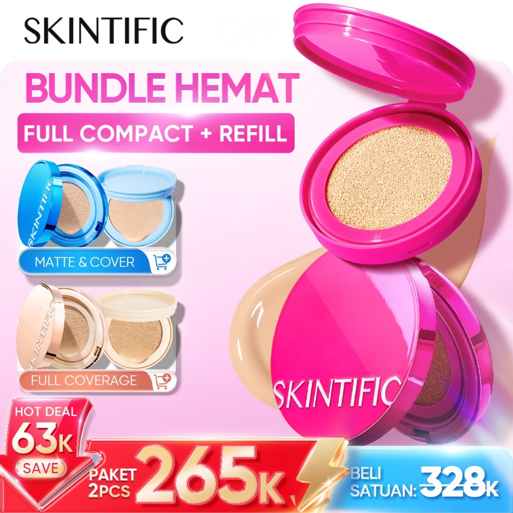 BUNDLE HEMAT / SKINTIFIC - Cushion + Refill / Radiant Glow / Matte / Flawless Natural Cushion & Refill Set High Coverage Compact Foundation Makeup Set