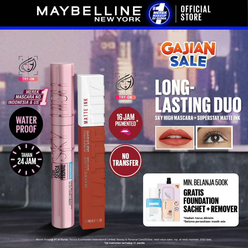 MAYBELLINE OFFICIAL Long Lasting Duo - Sky High Mascara + Superstay Matte Ink / Paket Mascara Lipstick Tahan Lama Waterproof Transferproof Maskara Lipstik