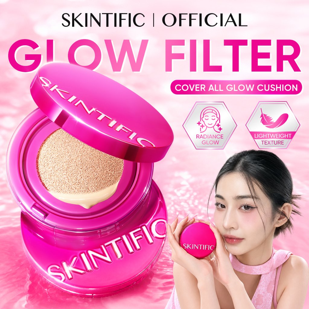 SKINTIFIC - Cover Glow Perfect Pink Cushion & Refill 11g / Radiant Glowing High Coverage Dewy Finish Flawless Oil-Control Antioxidation Warna Kulit Tekstur Ringan Kulit Berminyak Compact Foundation