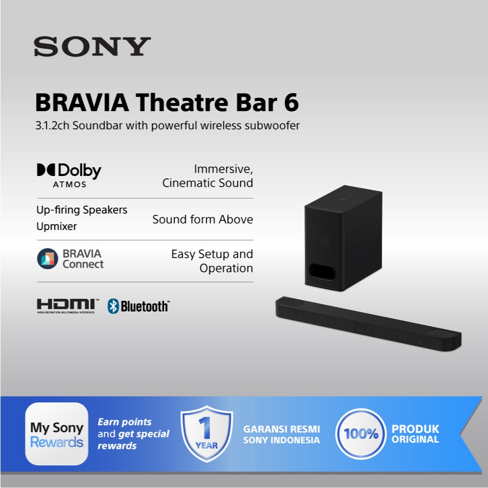 Sony BRAVIA Theatre Bar 6 / Soundbar 3.1.2ch dengan subwoofer nirkabel / Dolby Atmos/DTS:X HT-B600 - Gambar 2