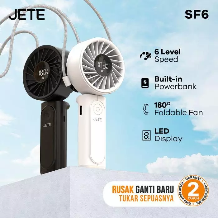 Kipas Angin JETE SF6 Mini Portable Fan Powerbank USB Lipat Digital Display 6 Level Speed Turbo Power Bank 3600 mAh With Strap