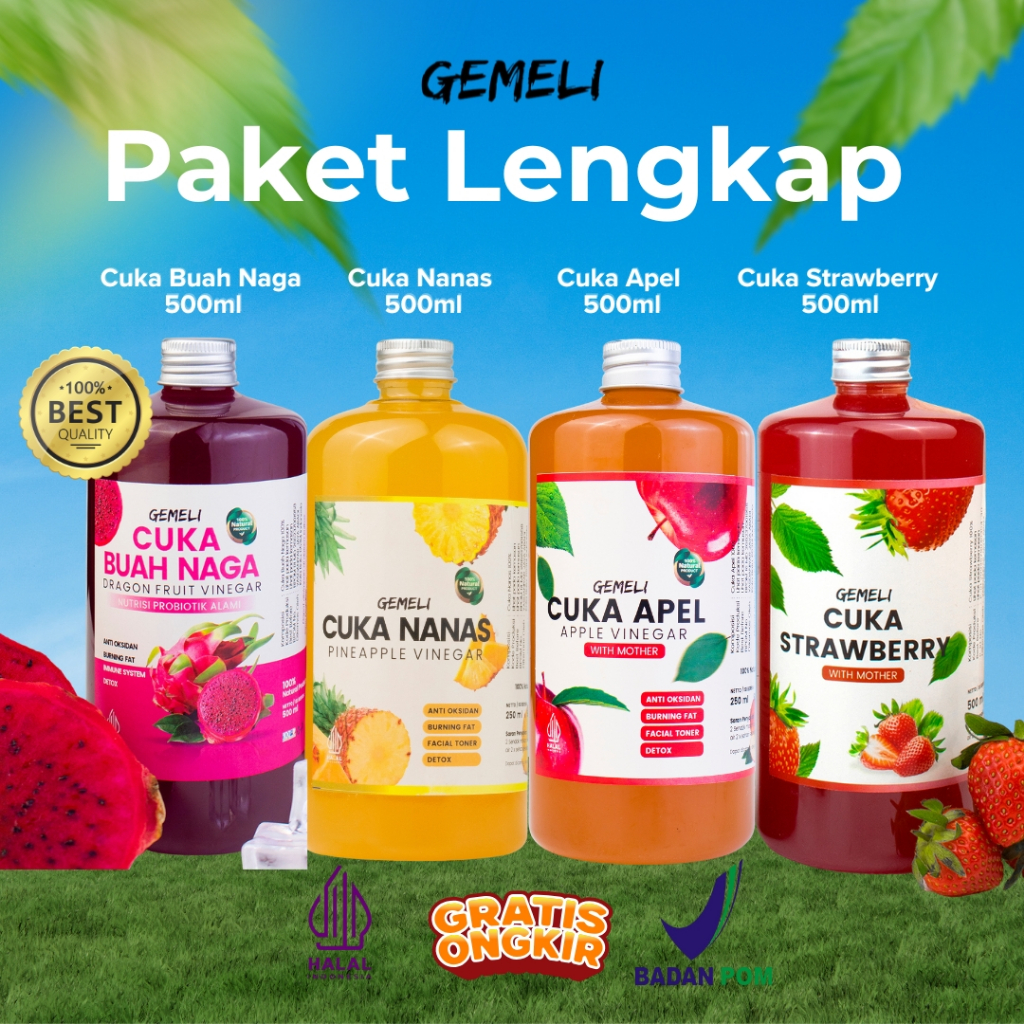 Paket Cuka Apel Asli 500ml Cuka Nanas 500ml Cuka Buah Naga 500ml Cuka Strawberry 500ml