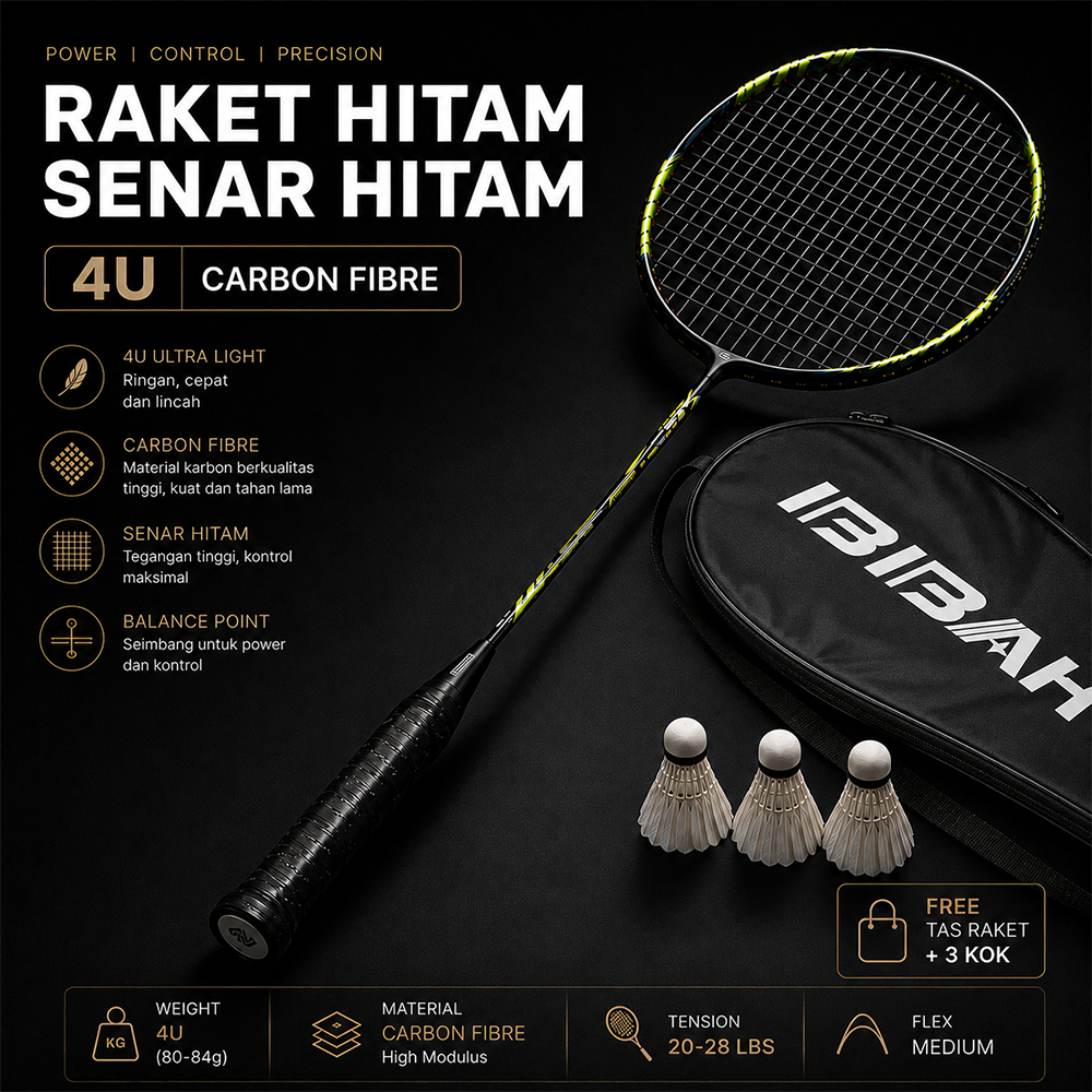 Raket Badminton Carbon Fibre XTRA Shuttlecock 4U Ringan dan Kuat Tarikan 24–26 LBS Bonus Tas dan Handgrip Cocok Pemula hingga Profesional