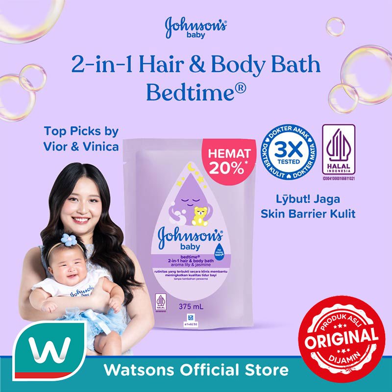 Johnson's Baby Bedtime Hair & Body Bath Refill 375ml - Sabun Bayi 2in1, lembut, jaga skin barrier kulit, dengan aroma Lily & Jasmine, membantu bayi lebih rileks & nyaman