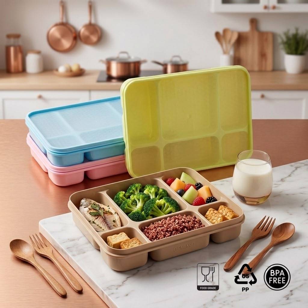 Dreamyhouse Kotak Bekal Bento Bahan Plastik Lunch Box 6 Sekat Warna Pastel - Gambar 2