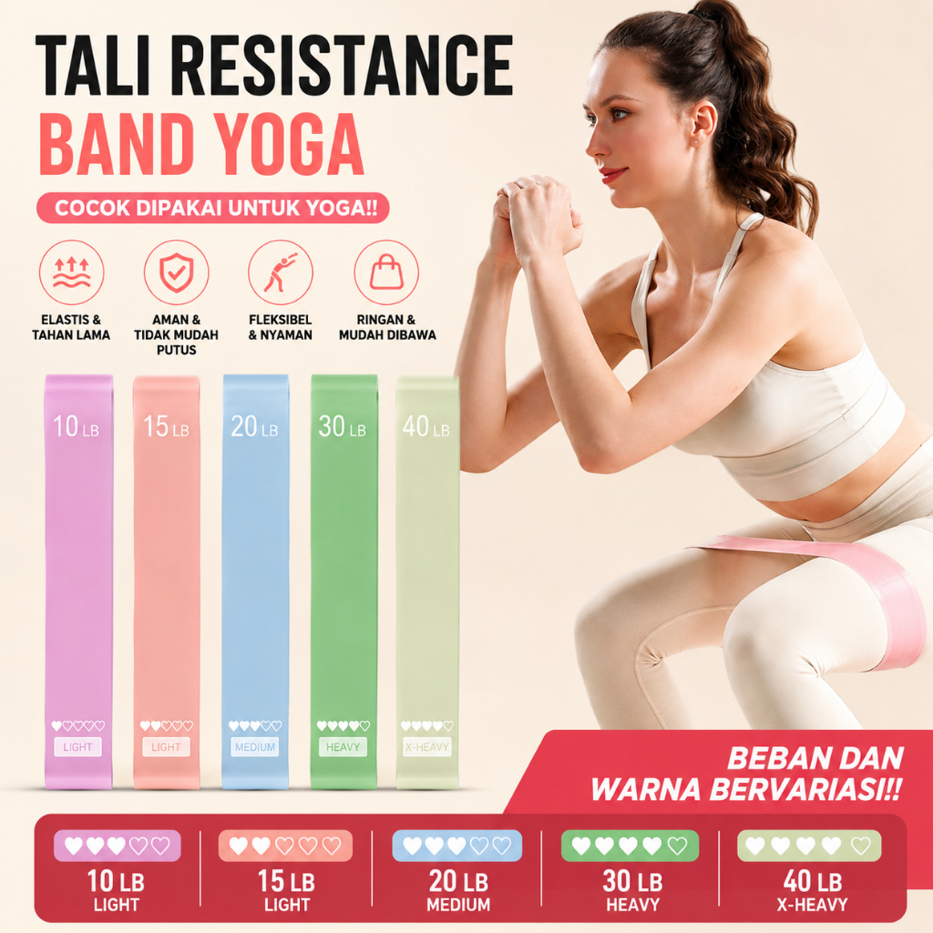 Resistance Bands Alat Fitness 1 Set 5pcs Elastis Fitness Loop Bands Tali Fitness 10–40lbs