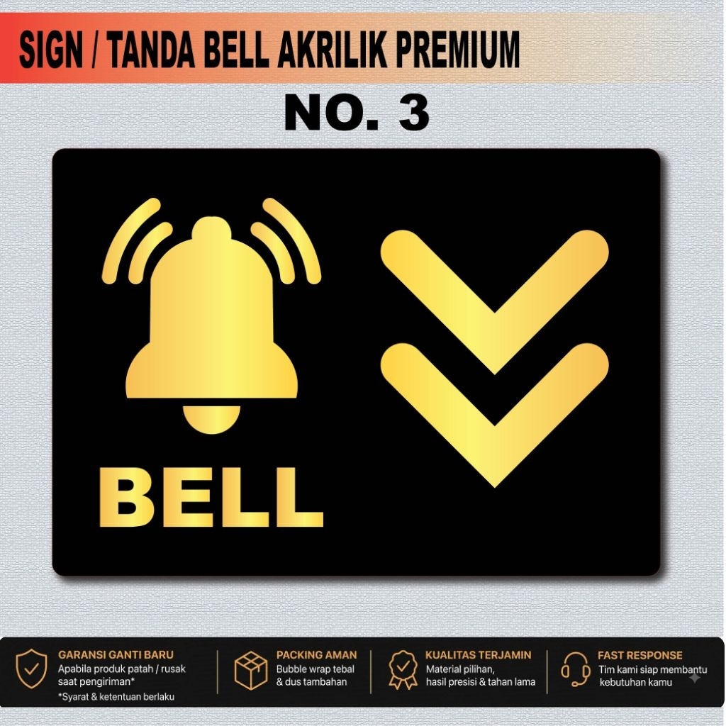 SIGN TANDA BELL AKRILIK HITAM WARNA TULISAN GOLD - Gambar 4