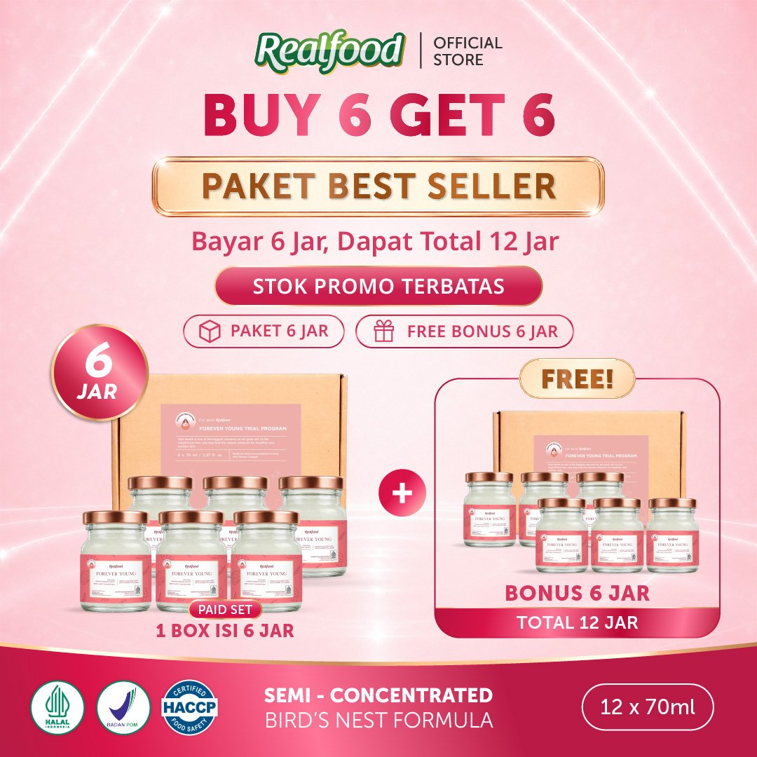 BUY 6 GET 6, Realfood Forever Young / Minuman Sarang Burung Walet / Beauty Drink / Collagen Drink / Glowing Skin / Elastisitas Kulit / Anti Aging / Minuman Kecantikan / Daily Beauty Wellness / Bird Nest Drink