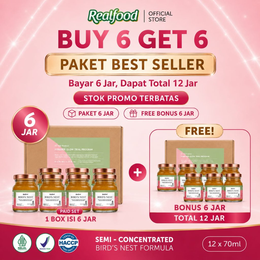 BUY 6 GET 6, Realfood Forever Glow / Minuman Sarang Burung Walet / Beauty Drink / EGF / Sialic Acid / Ekstrak Kurma / Kolagen / Glowing Skin / Skin Moisture / Imun Harian / Energi Harian / Daily Wellness / Bird Nest Drink