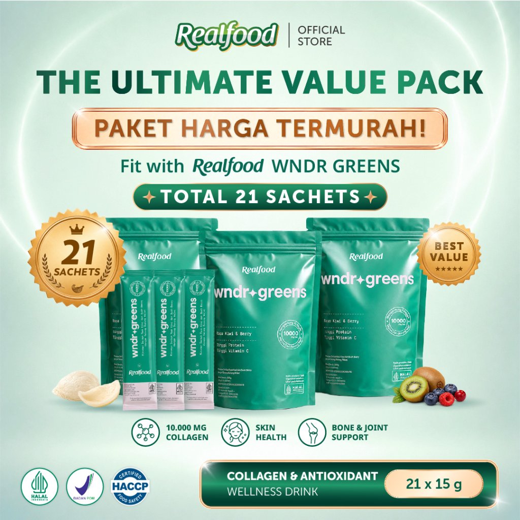 Realfood WNDRGREENS Triple Pouch / Super Green Super Collagen Drink / Collagen 10000mg / Bird's Nest / Astaxanthin / Spirulina / Glutathione / Vitamin C / Chlorophyll / Green Tea EGCG / Multivitamin Greens / Skin Gut Immunity