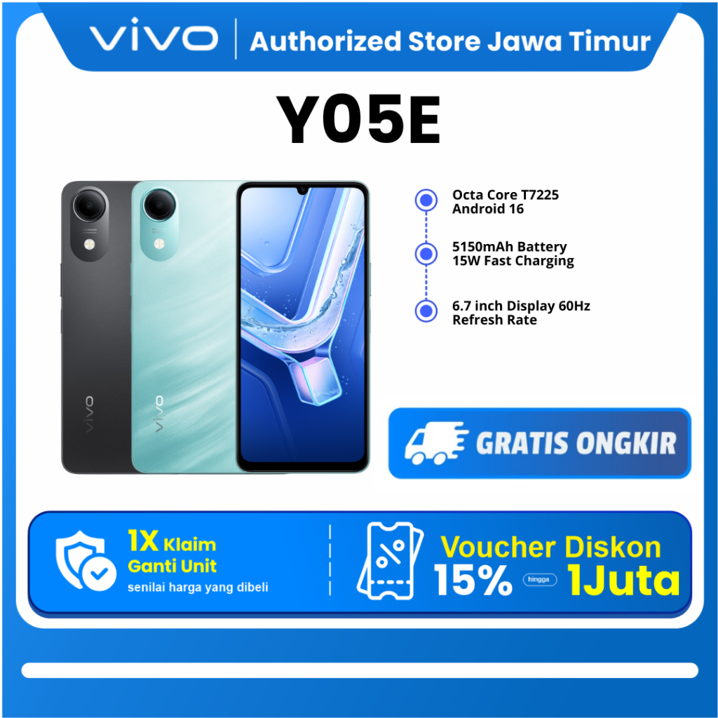 [NEW LAUNCH] vivo Y05e - Baterai Besar 5150 mAh, Tahan Banting Ekstrem, Tahan Hujan IP64, Desain Trendi, Layar Besar 6.74", OriginOS 6, Garansi Resmi 1 Tahun